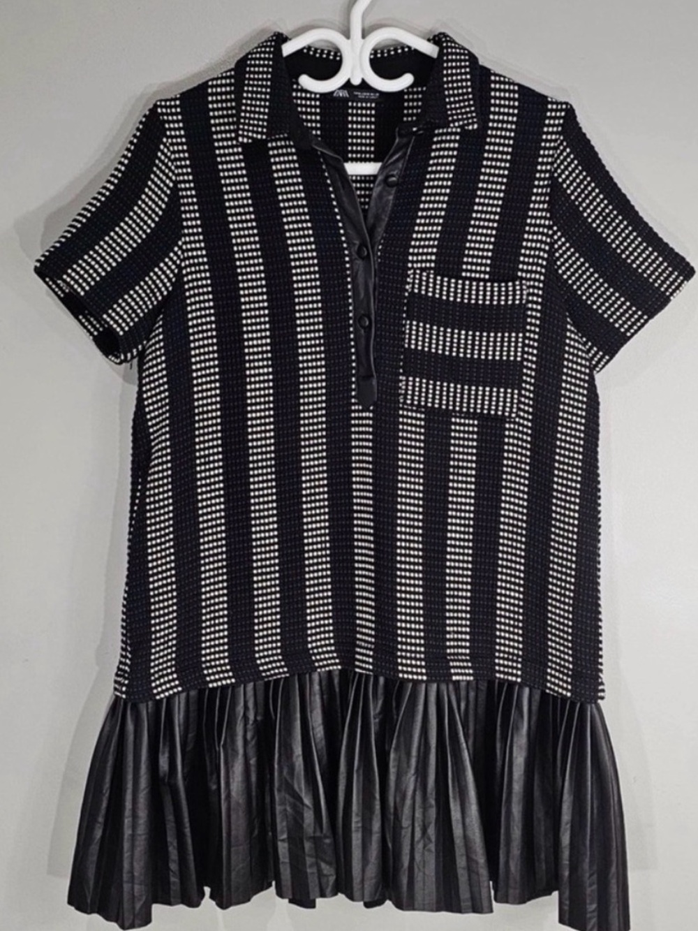 ZARA Textured Knit Polo Button Front Pleated Mini Dress Size M - Picture 2 of 10